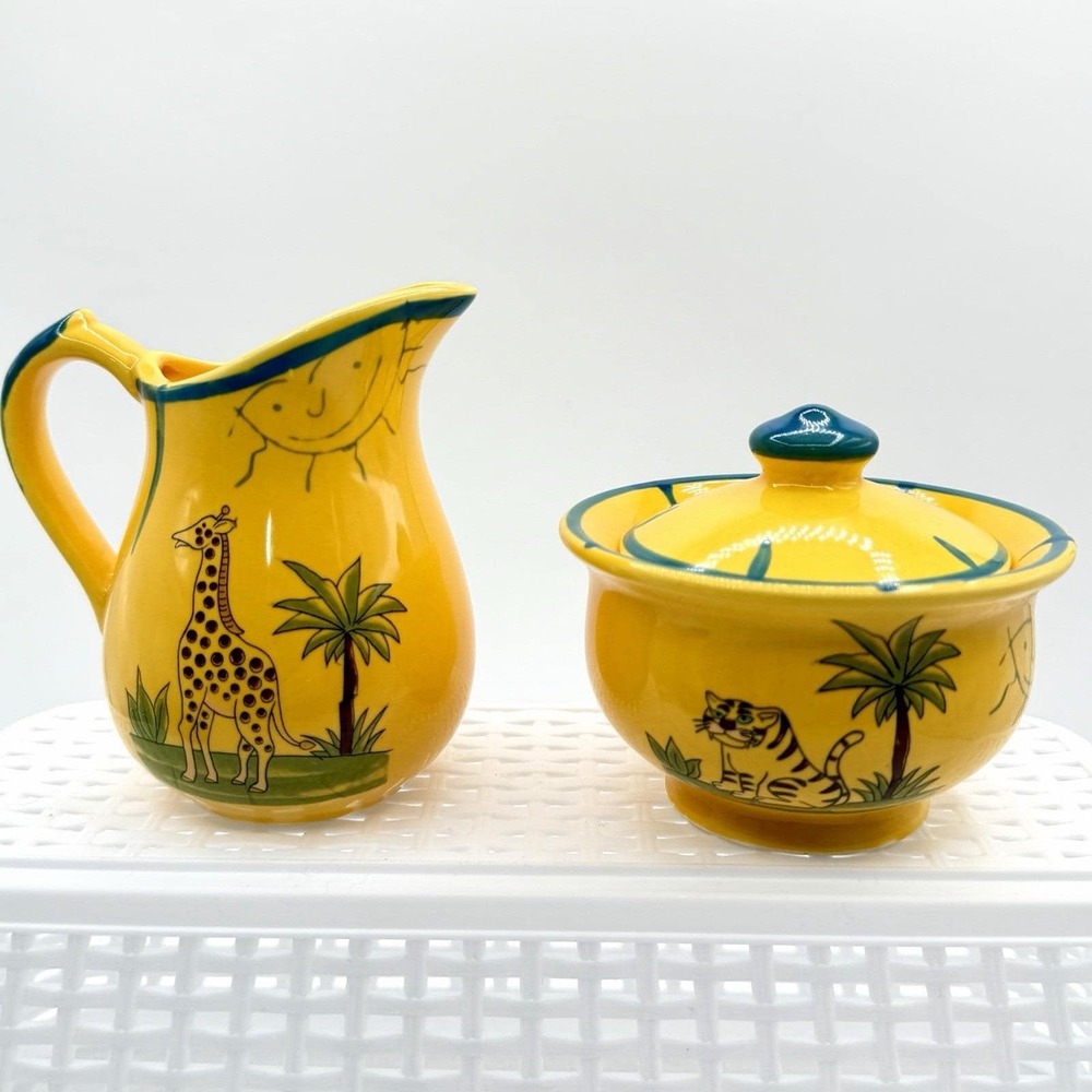 Vintage Pottery Barn Safari Creamer & Sugar Bowl Set Yellow Animals Jungle
